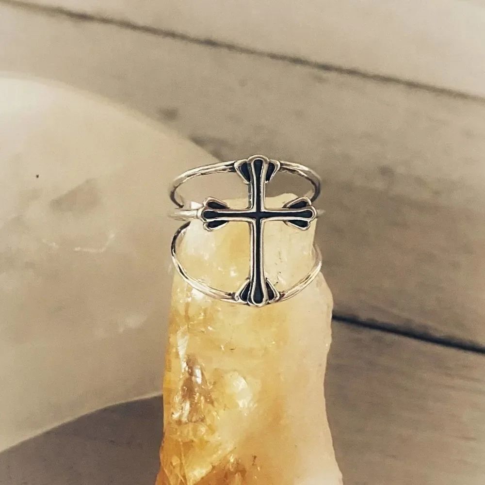 Sterling Silver Minimalist Cross Band Ring Adjustable 7-12
